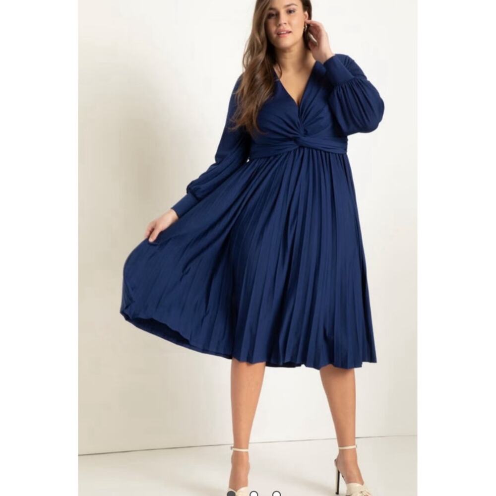 NWT Eloquii Knot Front Pleated Skirt Midi Dress Ocean Cavern Blue Size 14